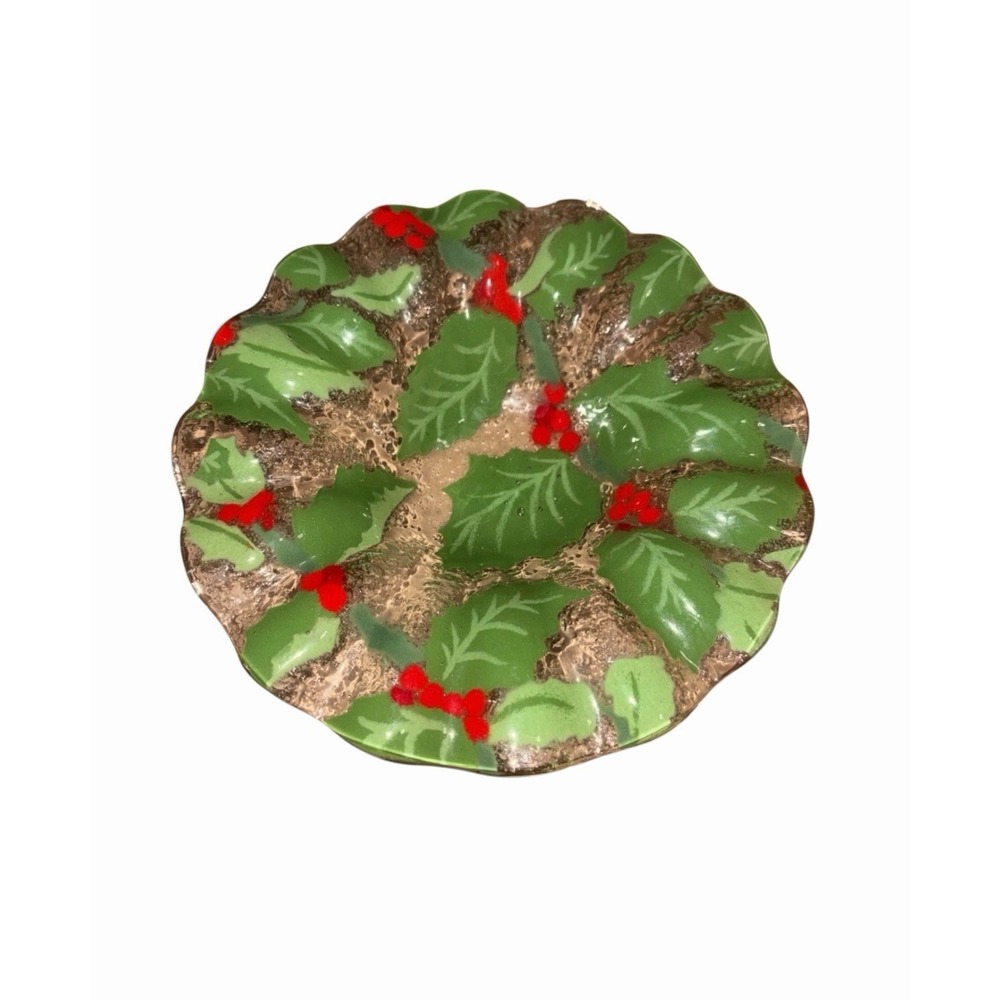 Vintage A C ROSS FUSED ART GLASS BOWL - Holly  Pattern 6 1/2" Diam Christmas